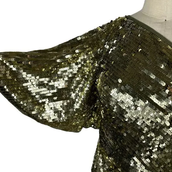 MAC DUGGAL 93540 One Shoulder Flutter Sleeve Gold Sequin Gown Women's Size 10 - Picture 5 of 9